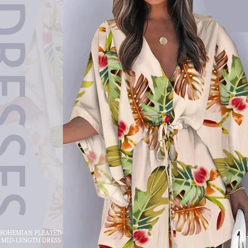 

Flora Print Batwing Sleeve V Neck Lace-Up Loose Button Skirts Casual Vintage Chiffon Party Beach Dress Fashion Irregular Dresses