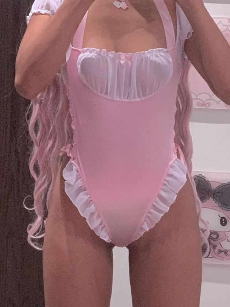 Сексуальное боди IAMHOTTY в стиле пэчворк с оборками и боковым поясом женский милый