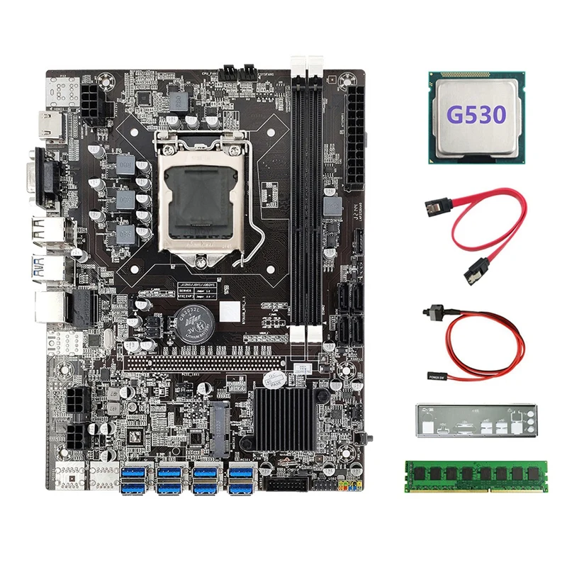 

B75 8USB ETH Mining Motherboard+G530 CPU+DDR3 4GB 1600Mhz RAM+Switch Cable+SATA Cable+Baffle B75 BTC Miner Motherboard