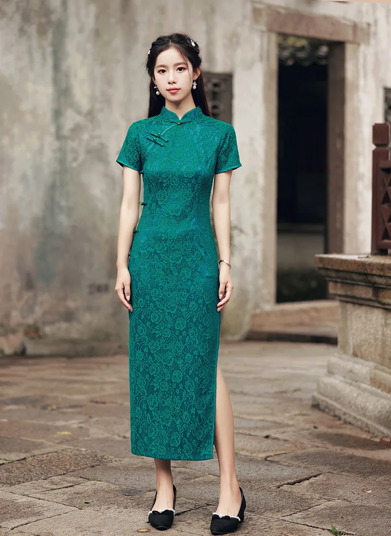 

Женское шифоновое платье-Ципао с коротким рукавом и вышивкой