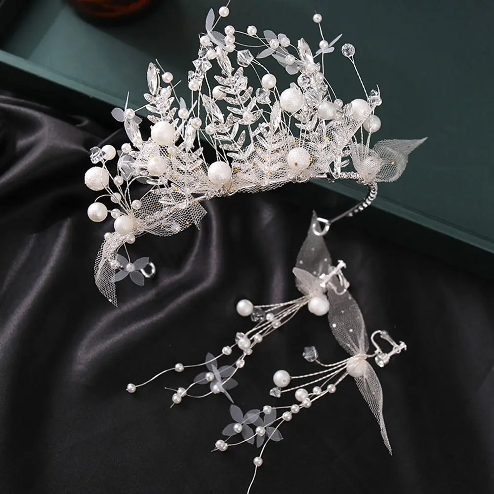 

Hoop Princess Hairbands Juan Yarn Flower Wedding Headdress Bridal Crown Earrings Set Rhinestone Headwear Bridal Headband Tiara