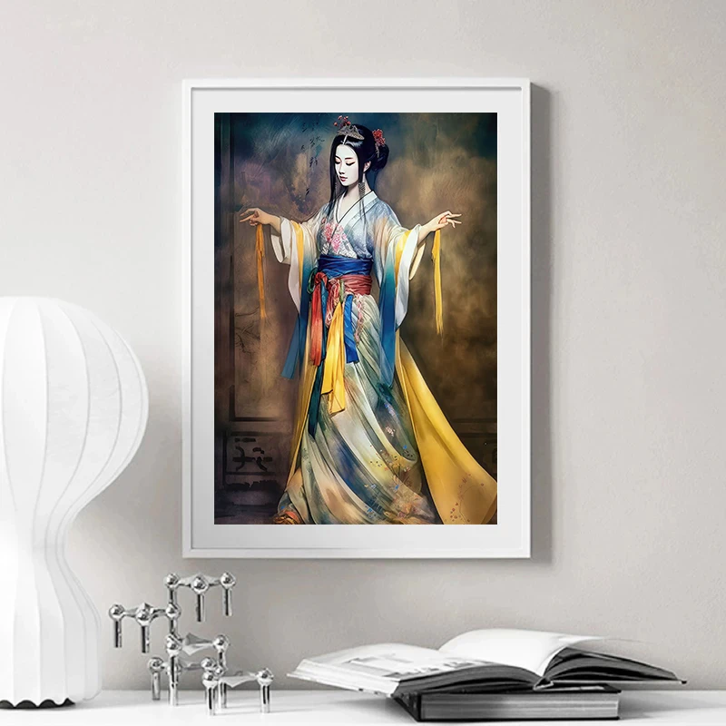 Древние китайские элегантные цветные шелковые постеры Hanfu для девочек Картина на