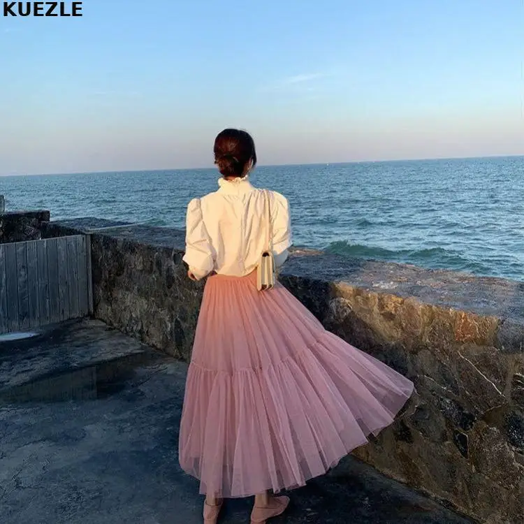 

Pink Skirts 2022 New Summer Vintage Tulle Skirt Women Elastic High Waist Mesh Skirts Long Pleated Tutu Skirt Female Jupe Longue