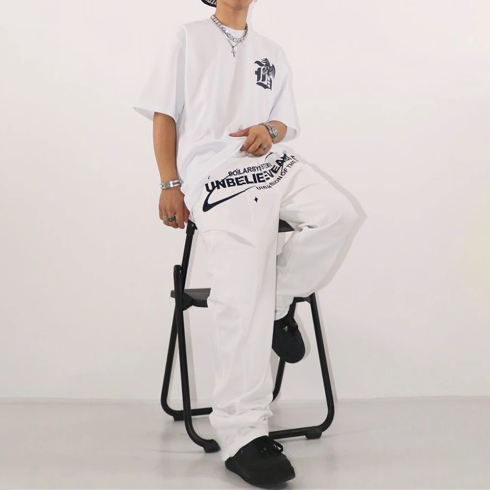 Hip Hop Letters White American Jeans High Street Men Fashion Trend Loose Casual Straight Loose Wide Leg Trousers