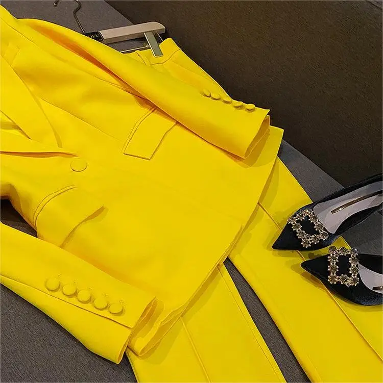 All Season Lemon Yellow Office Lady Suit Double-breasted Long Sleeve Blazer Flared Pants Women Solid 2PCS