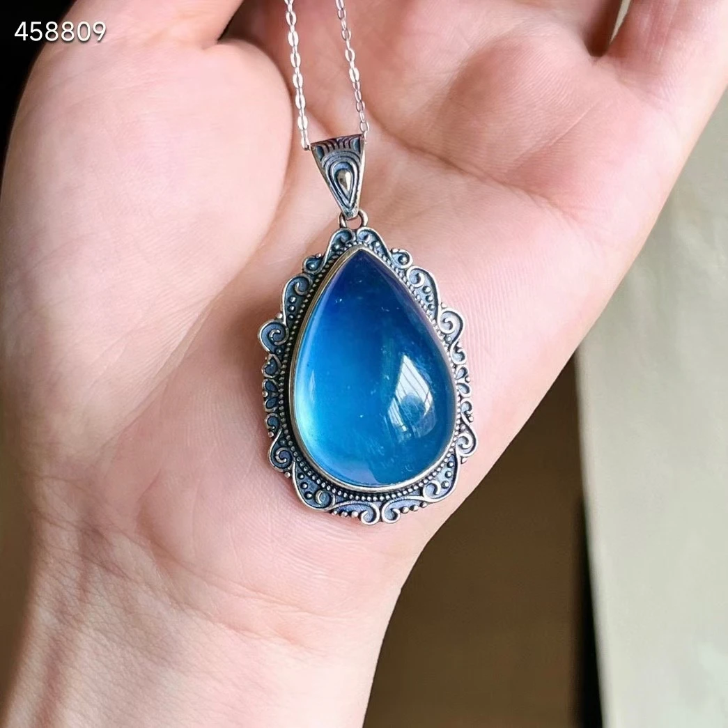 

Natural Blue Aquamarine Quartz Pendant Brazil Jewelry 36.8*24.4*19.9mm Deep Blue Aquamarine Oval Necklace AAAAA