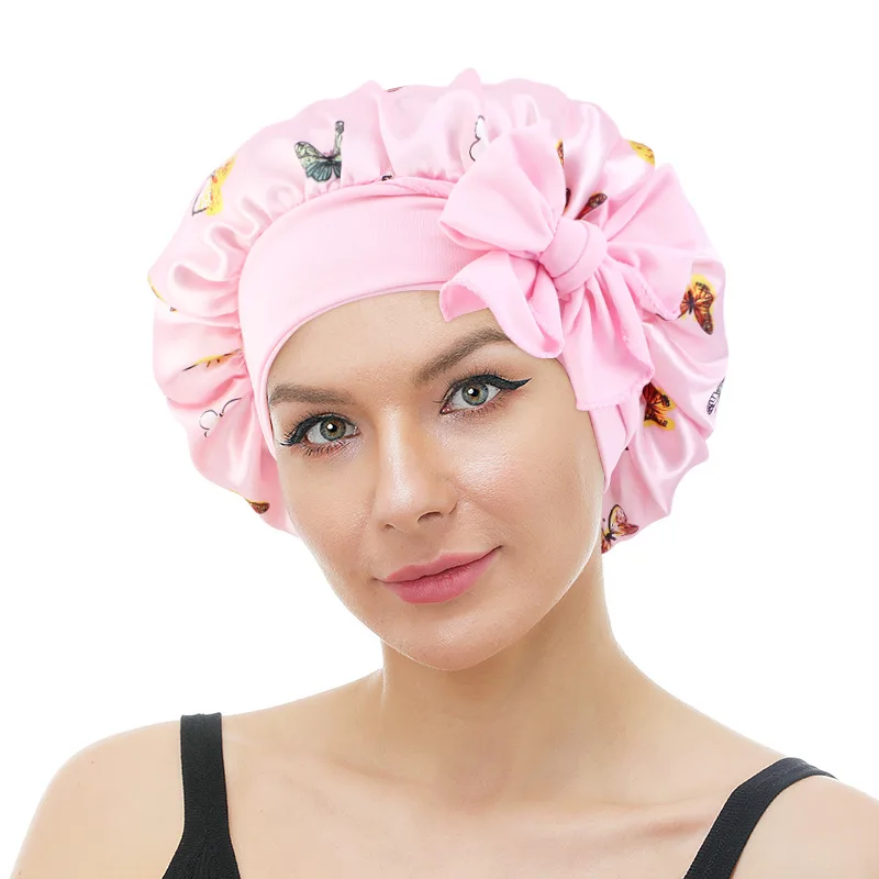 

New Butterfly Satin Round Cap Elastic Banding Nightcap Beauty Salon Cap