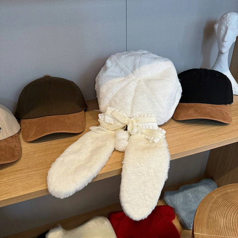 Милые береты с кроличьими ушками и бантом на ремешке кепка Y2K универсальные