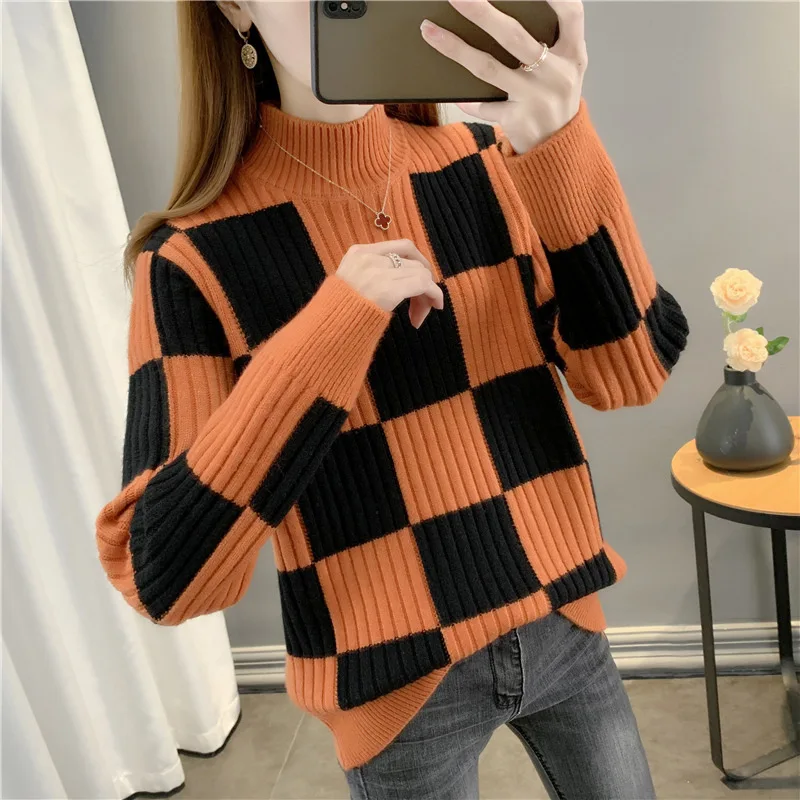 

Checkerboard plaid loose sweater women's new thick foreign style knitwear for autumn and winter