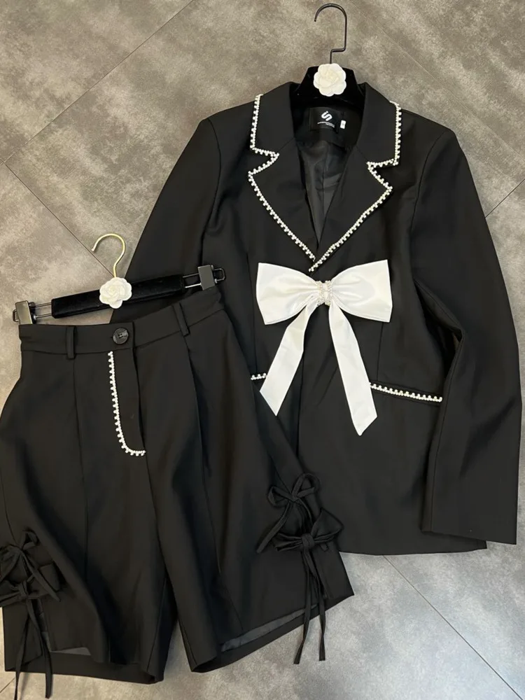 

PREPOMP 2022 Spring Long Sleeve Turn Down Collar Diamonds Bow Black Blazer Knee Length Middle Shorts Two Piece Set Women GD866