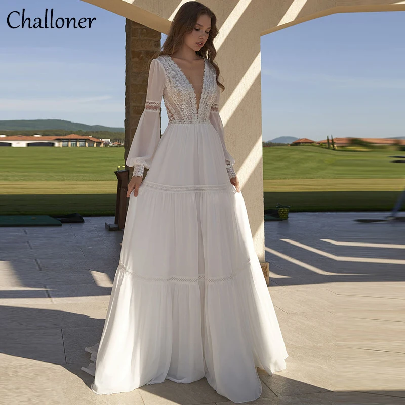 Купи Challoner Boho Deep V-Neck Chiffon Wedding Dresses Elegant Lace Appliques A-Line Puff Sleeves Floor Length Backless Bridal Gowns за 5,376 рублей в магазине AliExpress