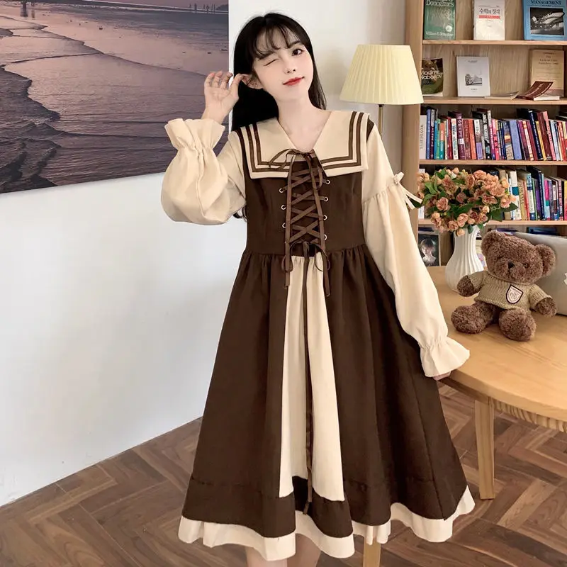 

42-87kg Student Dress Contrast Navy Collar Strap Academy Style Women'S Dress Korea Japan