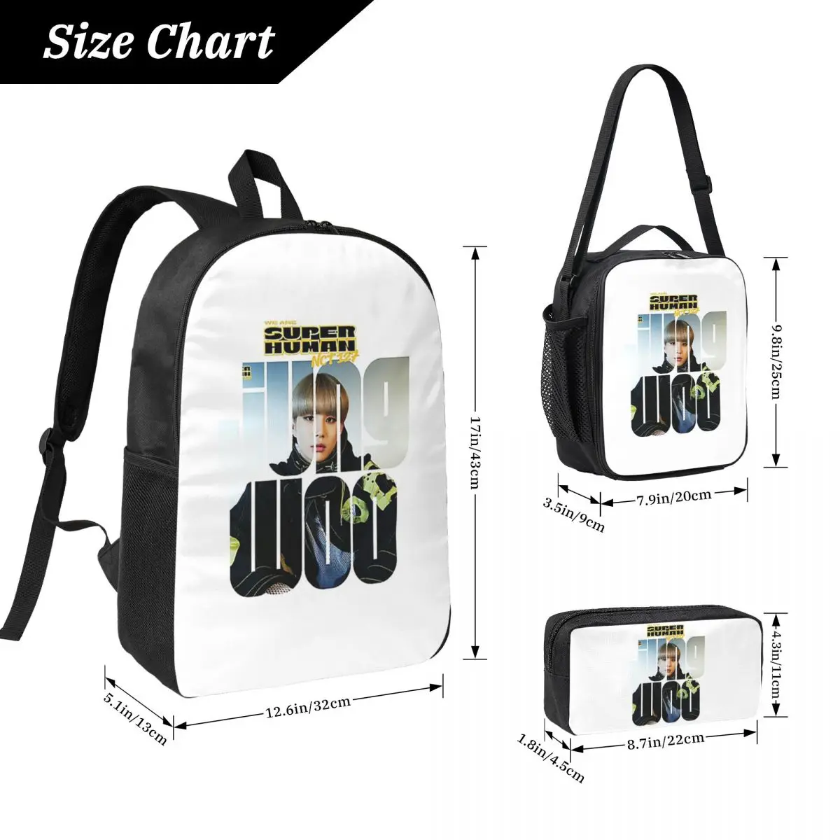 Фото Рюкзак NCT 127 Jungwoo Superhuman для мальчиков и девочек, школьная сумка, сумки на плечо, 3 шт., изолированная сумка для обеда, пенал №4