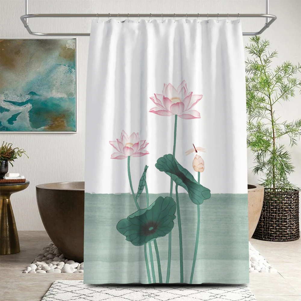 

Chinese Shower Curtain Lotus Plum Printed Shower Curtain Waterproof Fabric Bathroom Curtain Home Decoration Free Hook
