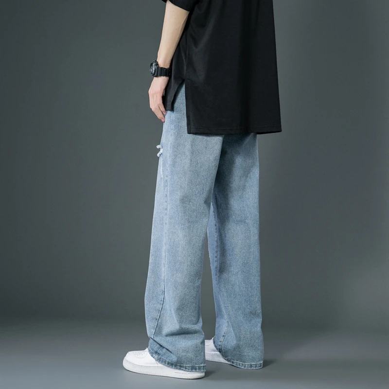 2022 Spring Summer Men's Ripped Wide Leg Jeans Korean Trend Straight Baggy Denim Pants Male Vintage Blue Trousers
