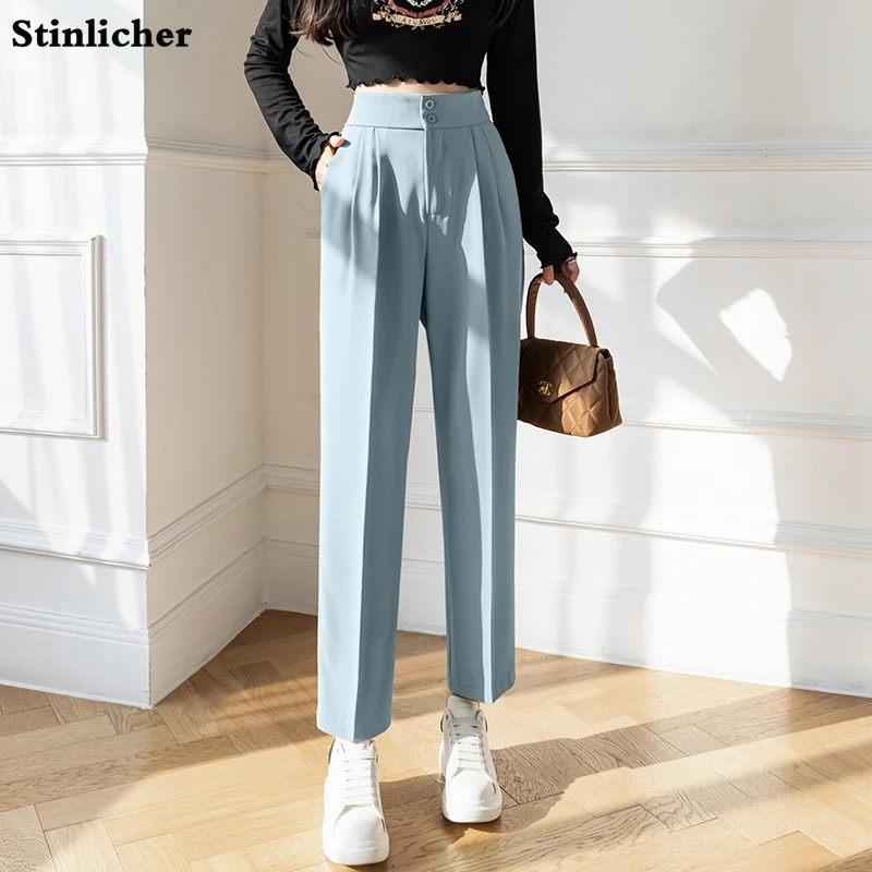 

Summer Women Suit Pants Korean Style Ladies Loose Casual Button High Waist Solid Soft Straight Ankle-Length Harem Pants 2022 New