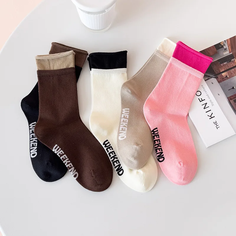 

Носки в японском стиле Харадзюку без косточек, Модные свободные двухслойные хлопковые в рубчик для девушек средней длины, карамельных цвет...