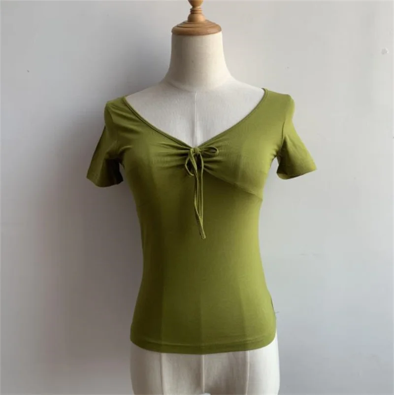 

Женская эластичная балетная футболка, мягкая дышащая футболка с V-образным вырезом и бантом, для занятий танцами, лето