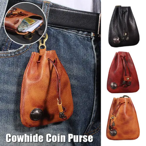 Retro Drawstring Wallet Genuine Leather Coin Purse Money Pocket Pouch Small Bag