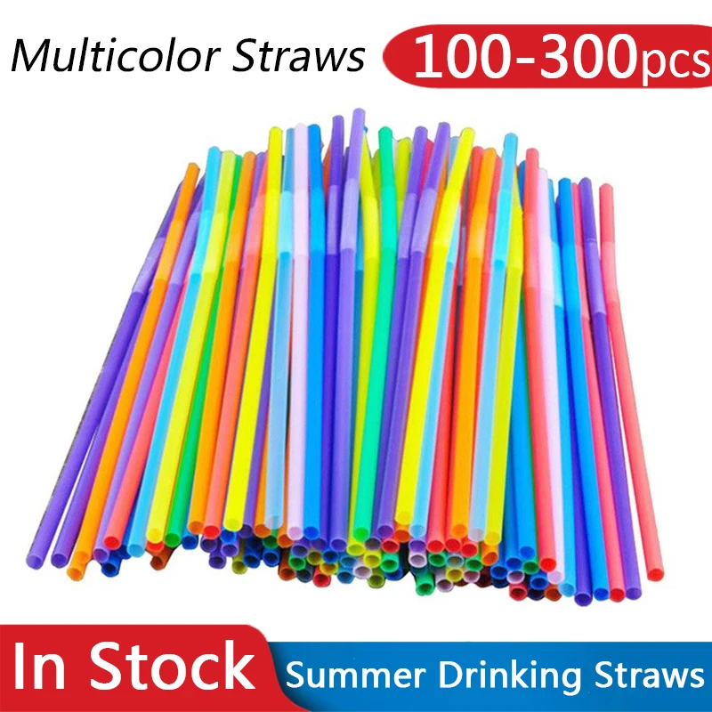 

100-300Pcs Multicolor Plastic Straws Drinking Cocktail Long Straw Elbow Telescopic Party Disposable Drink Tube Retractable