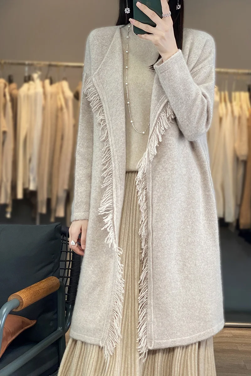 

100% Merino Wool Sweater Cardigan Traf Official2023 Autumn And Winter New Women's Long Section Tassel Top Coat