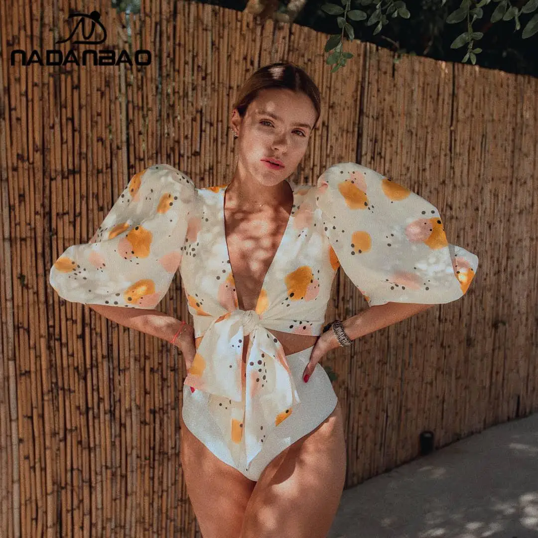 

NADANBAO Sexy Puff-sleeved Deep-V Bathing Suit Bodysuit Beach Wear Swim Suit Monokini One Piece Swimsuit