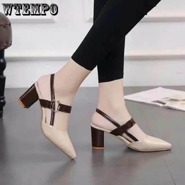 

Женские летние сандалии WTEMPO Baotou с острым носком на толстом каблуке, сандалии на среднем каблуке с пряжкой, оптовая продажа, Прямая поставка