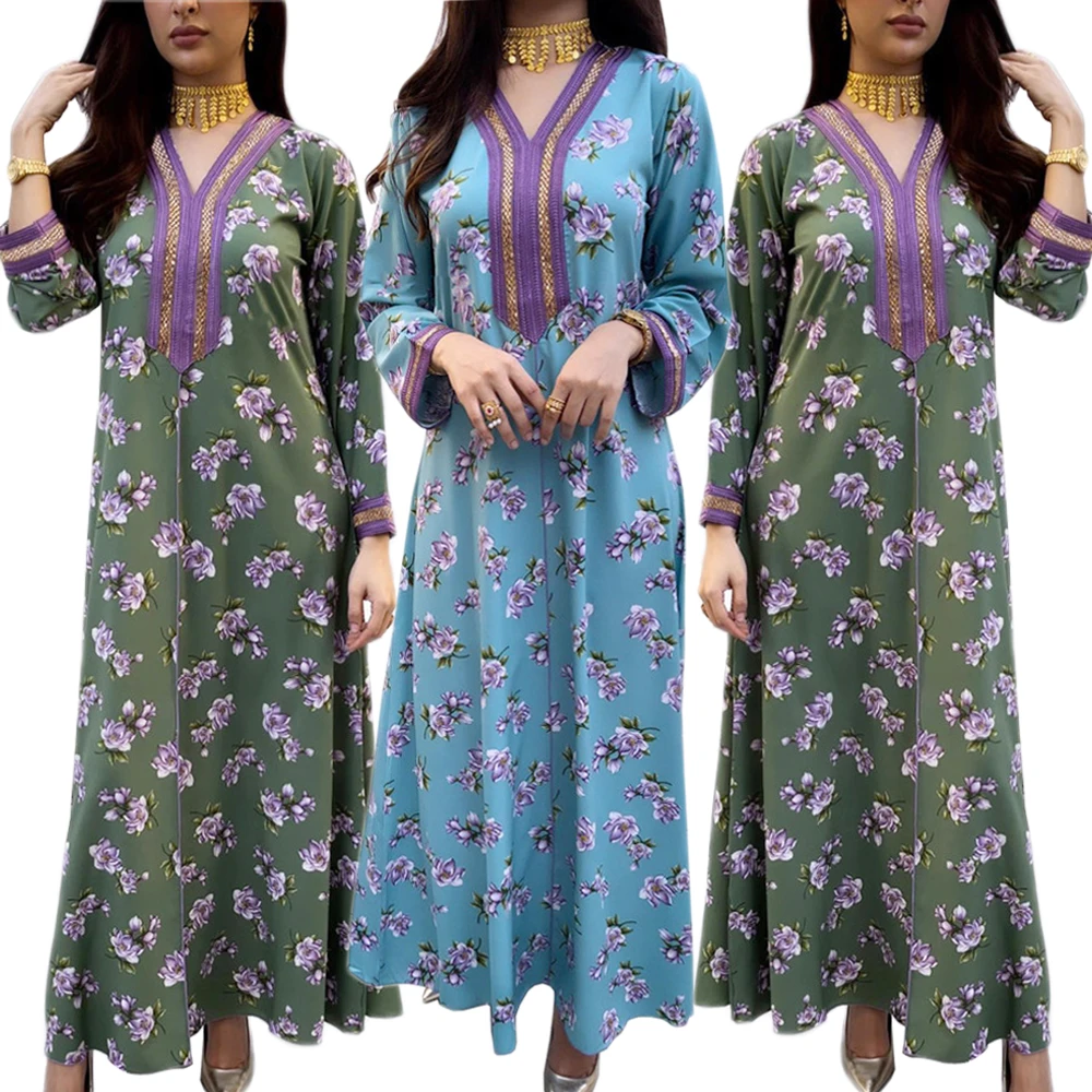 Женское винтажное платье макси, длинное платье с цветочным принтом, с V-образным вырезом, в арабском стиле, Средний Восток, в мусульманском с...