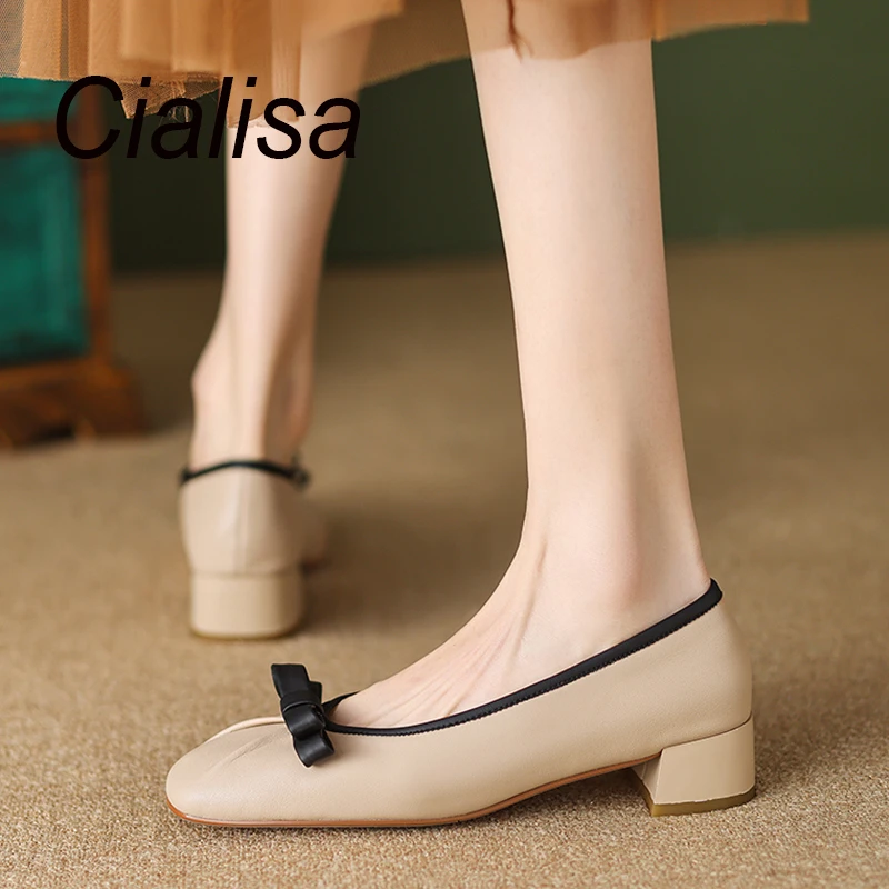 

Женские туфли из натуральной кожи Cialisa, туфли-лодочки с квадратным носком и бантом-бабочкой, обувь на низком каблуке, большой размер 43, весна 2023