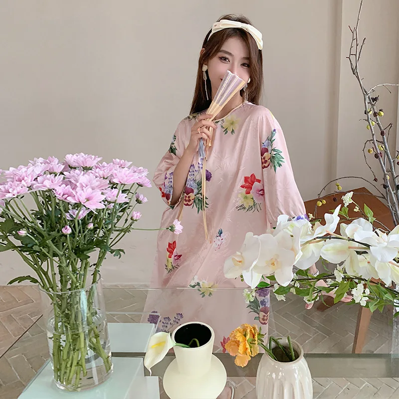 

Sexy Satin Half Sleeve Nighties Nightgown Women Floral Print Nightdress Sleepwear Home Clothing