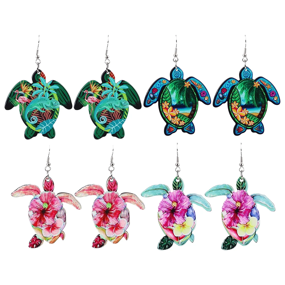 

New Trendy Samoan Sea Turtle Acrylic Earrings for Women Colorful Hawaiian Hibiscus Flower Dangle Drop Earring Party Jewelry Gift
