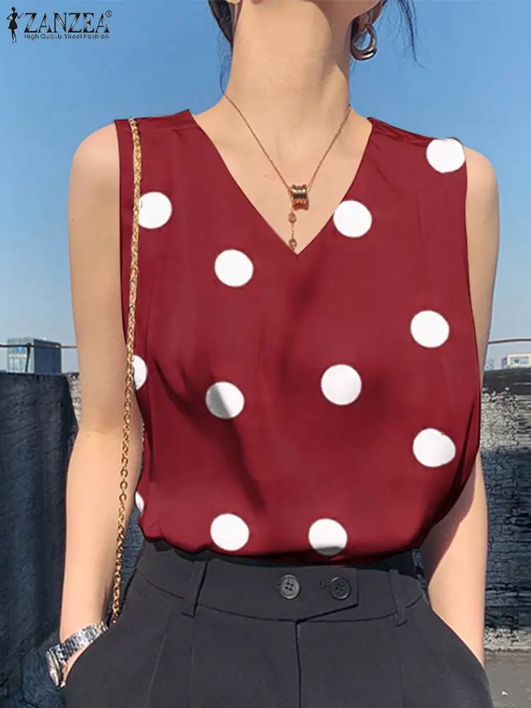 

Women Elegant Polka Dot Printed Tanks Tops ZANZEA Summer V Neck Sleeveless Blouse Casual OL Work Camis Shirt Party Blusas 2023