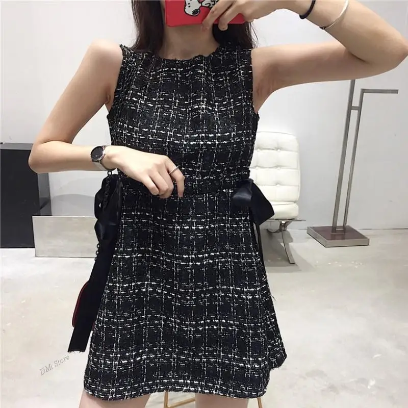 

Women Party Sleeveless Bow O-Neck Plaid Elegant Casual Empire Bodycon Short Dress Vintage Summer Women Tweed Bandage Dresses