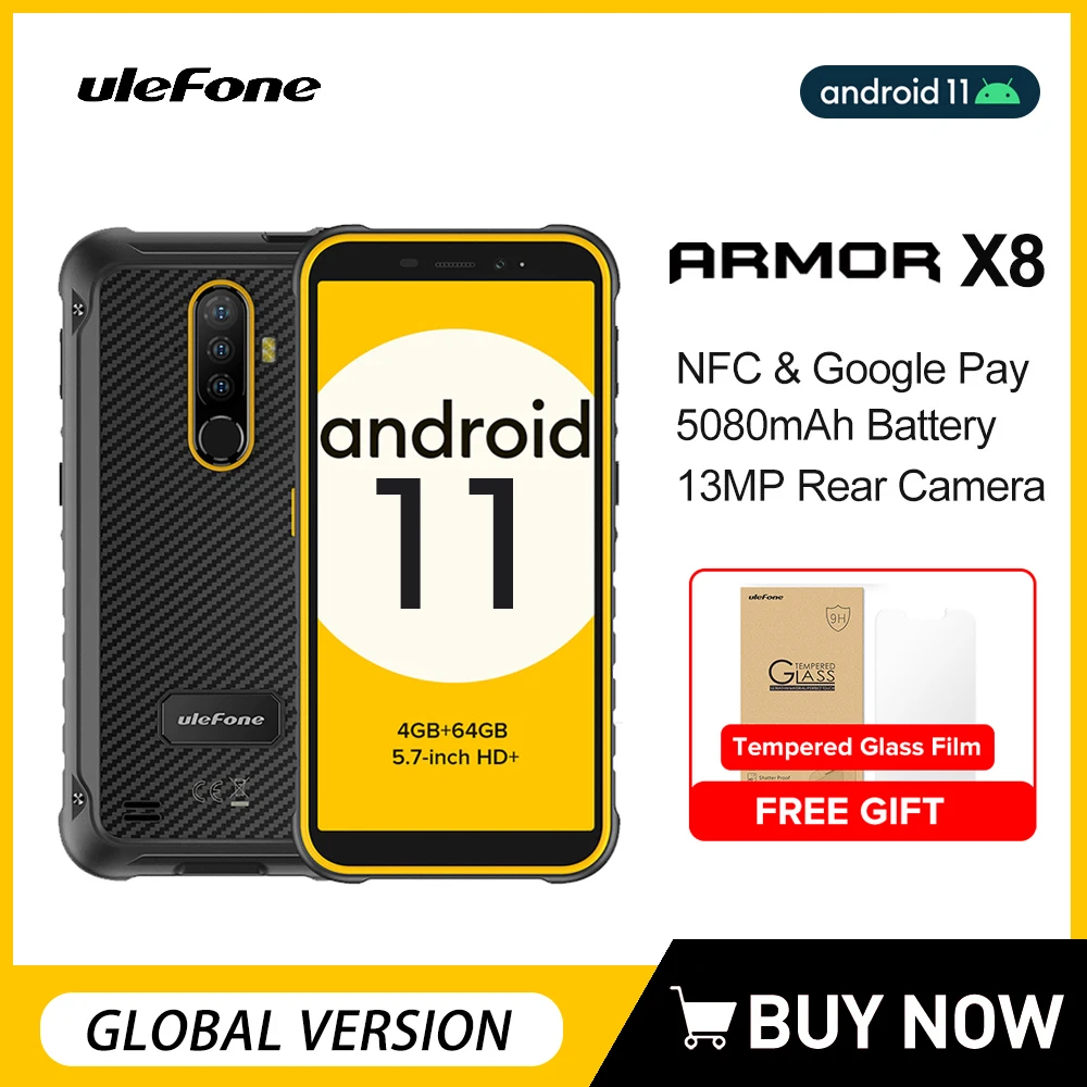 Ulefone Armor X8 Rugged Smartphone Android 11 IP68 4G LTE 5.7Inch 4GB+64GB Waterproof Mobile Phone 5080mAh Battery Cellphone NFC