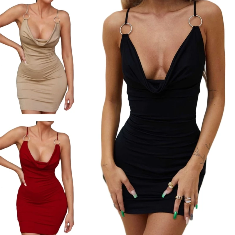 

Spaghetti Straps Dresses V-neck Metal-Ring Solid Dress Cami Tanks Outfit Open Back Short Dress for Evening Parties