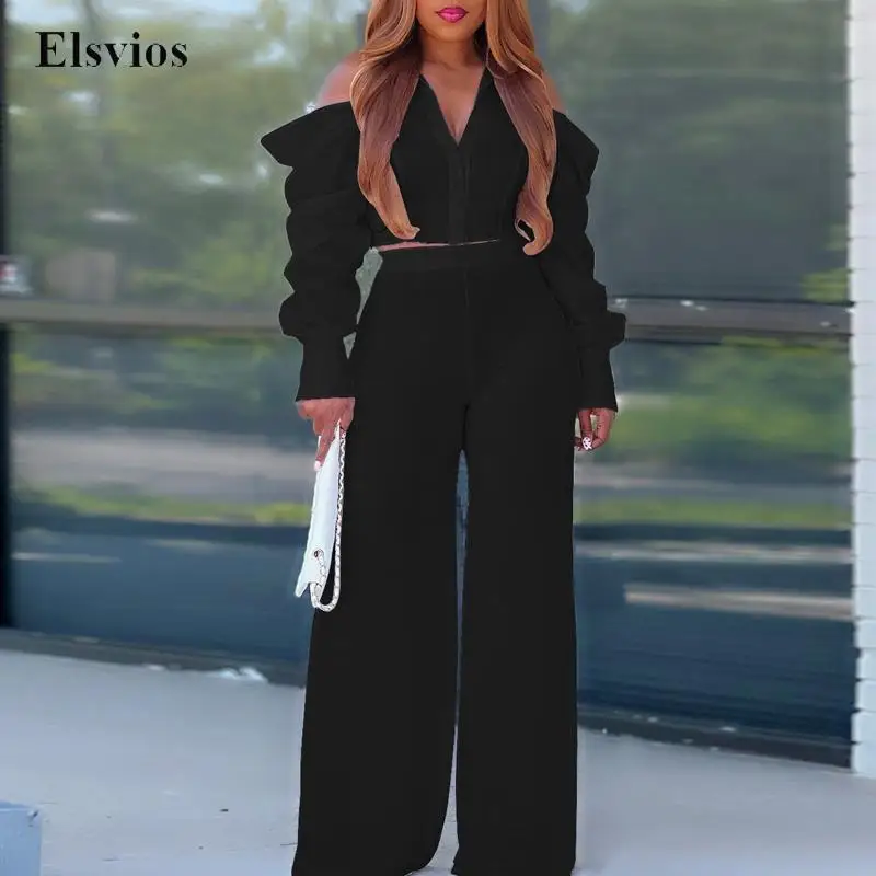 

Casual Office Lady Long Pant Suit Women Fashion V Neck Shirt Top & Wide Leg Trousers Outfits Sexy Hollow Out Puff Sleeve 2pc Set