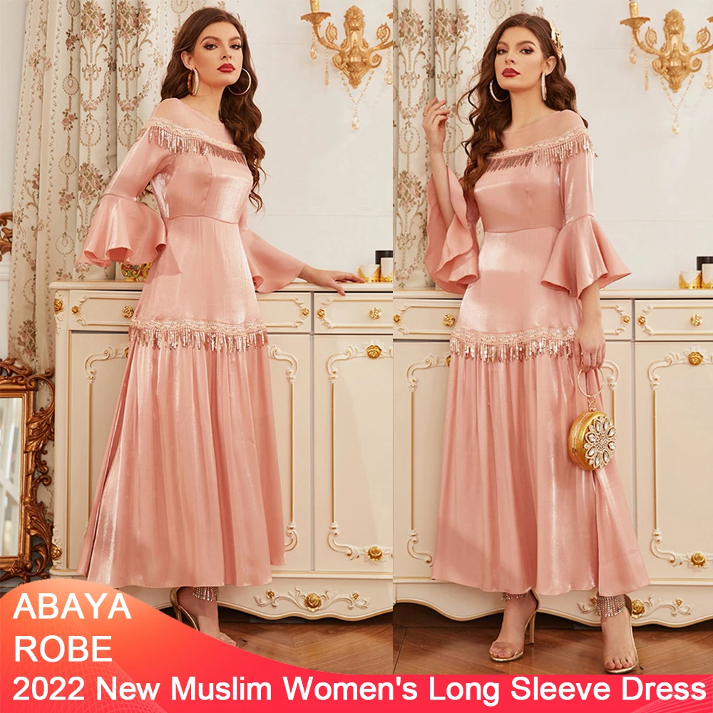2022 New Muslim Women's Long Sleeve Dress One-neck Off-the-shoulder Dress High Waist A-line Dress Evening Dresses Abaya Robe