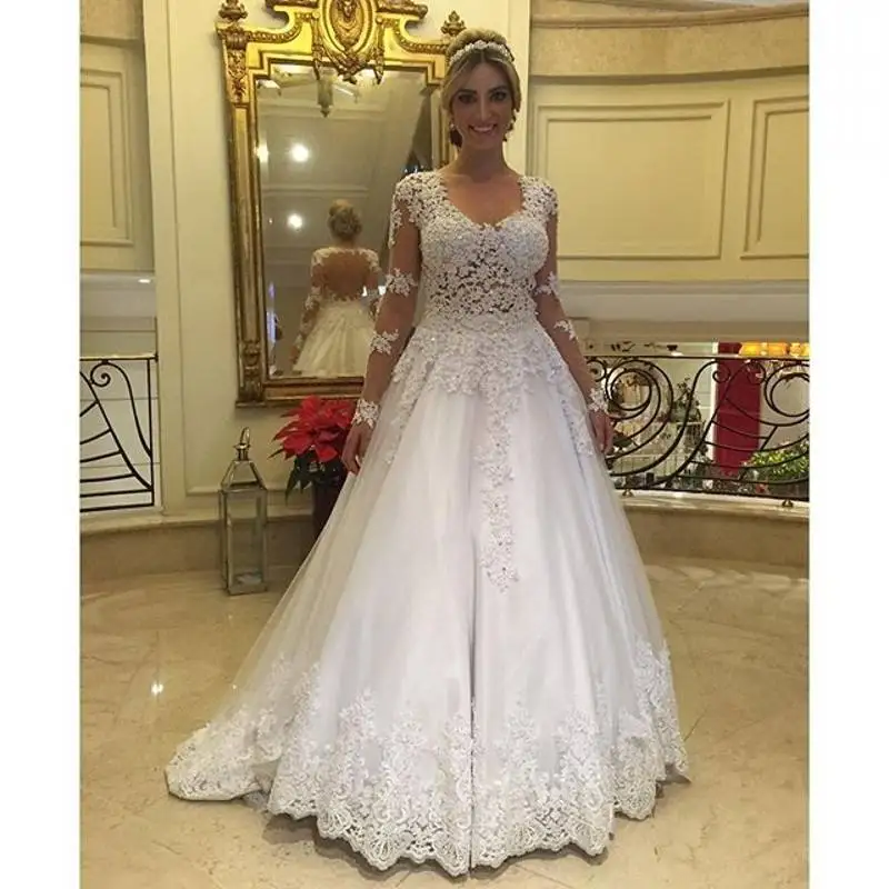 

Vintage Lace Appliques Wedding Dresses Sweep Train Vestido De Novia Illsion Back A-Line Long Sleeves Bridal Gowns