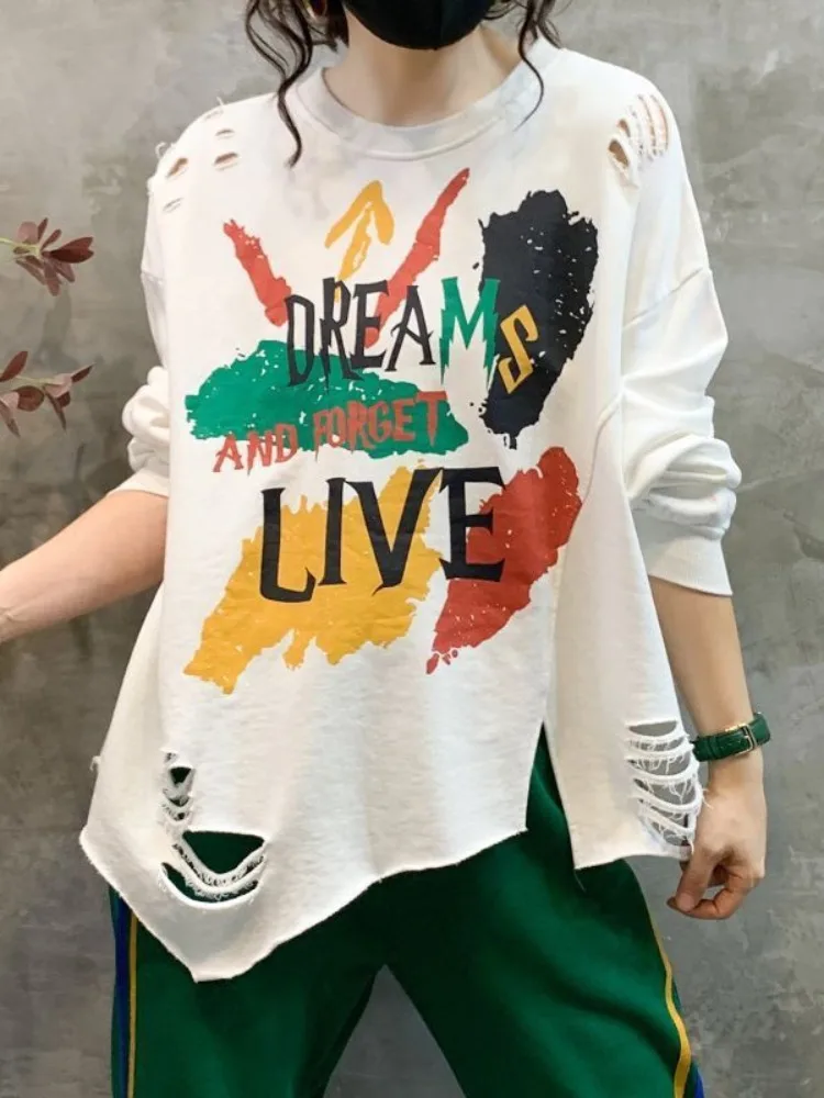 

Hikigawa Vintage Letter Print Tops Women Loose Casual Harajuku Long Sleeve O Neck Broken Holes Streetwear All Match Sweatshirts
