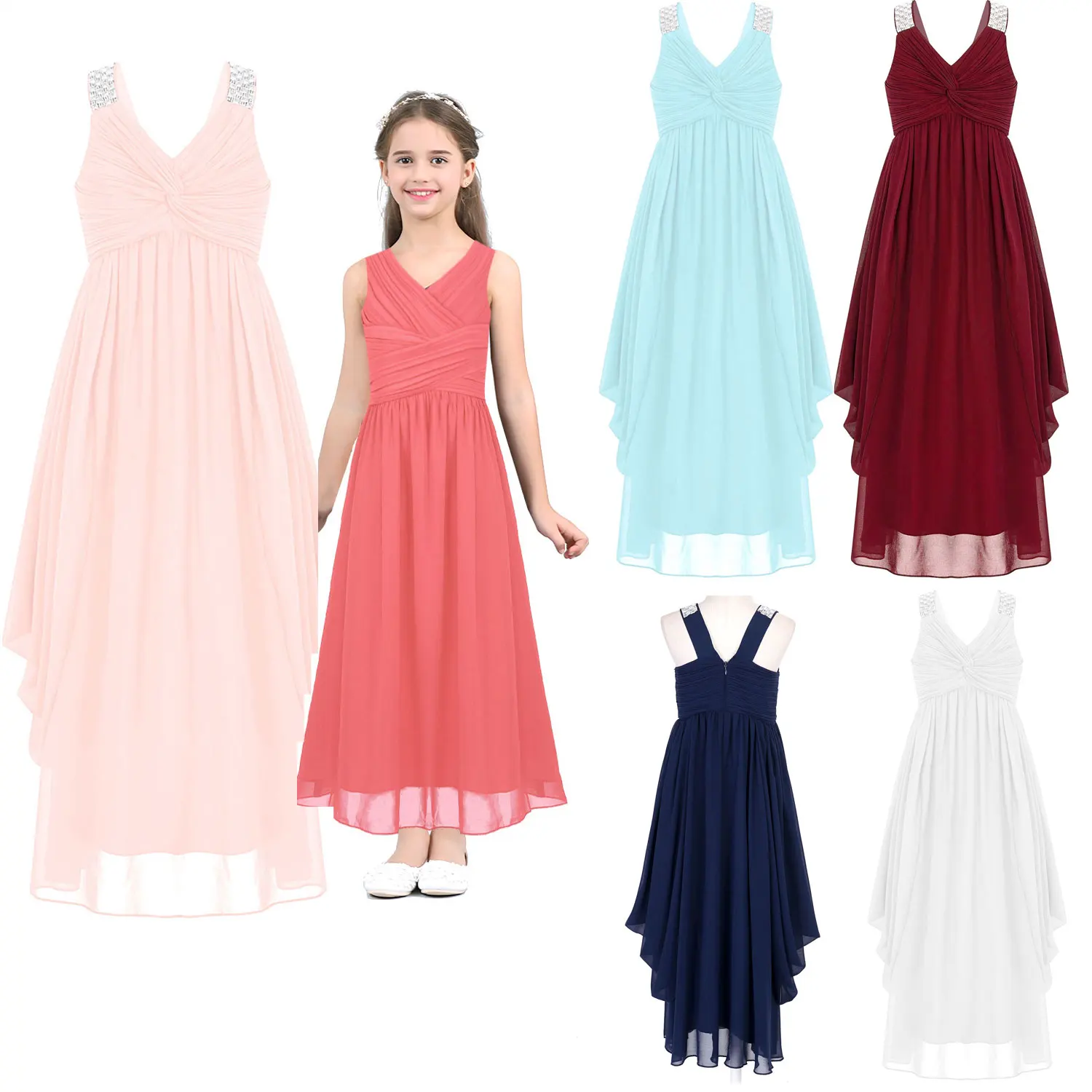 

Young Girl Teenage Bridesmaid Prom Dress Chiffon Pleated Long Flower Dress Princess Tutu Pageant Birthday Party Formal Dress