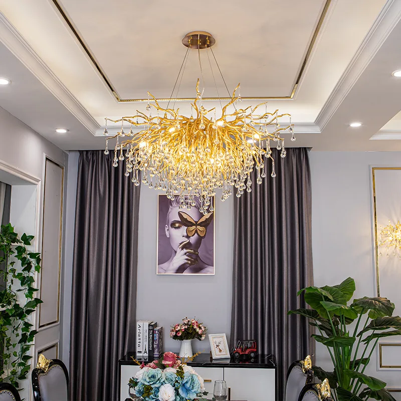 

New Creative Living Room Branch Chandelier Light Modern Luxury Water Drop Crystal Art Villa Hotel Hall Decoration Pendant Light
