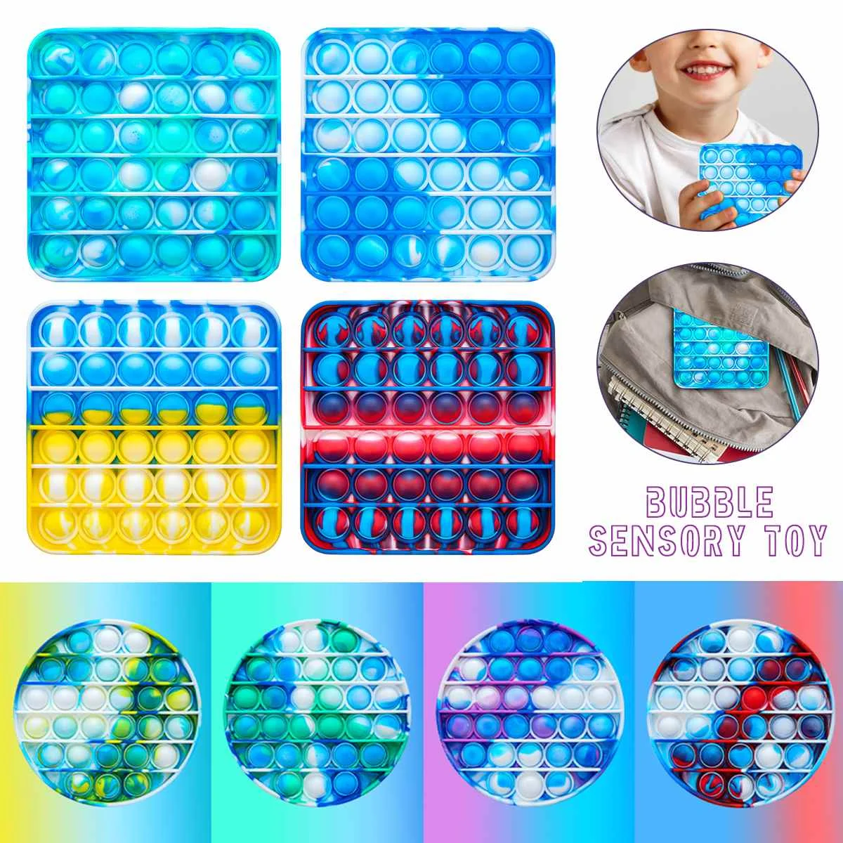 

4Pcs Round/Square Silicone Push Bubble Pops Sensory Toy Autism Needs Squishy Stress Reliever Toys Anti-stress Fidget Kids Adult