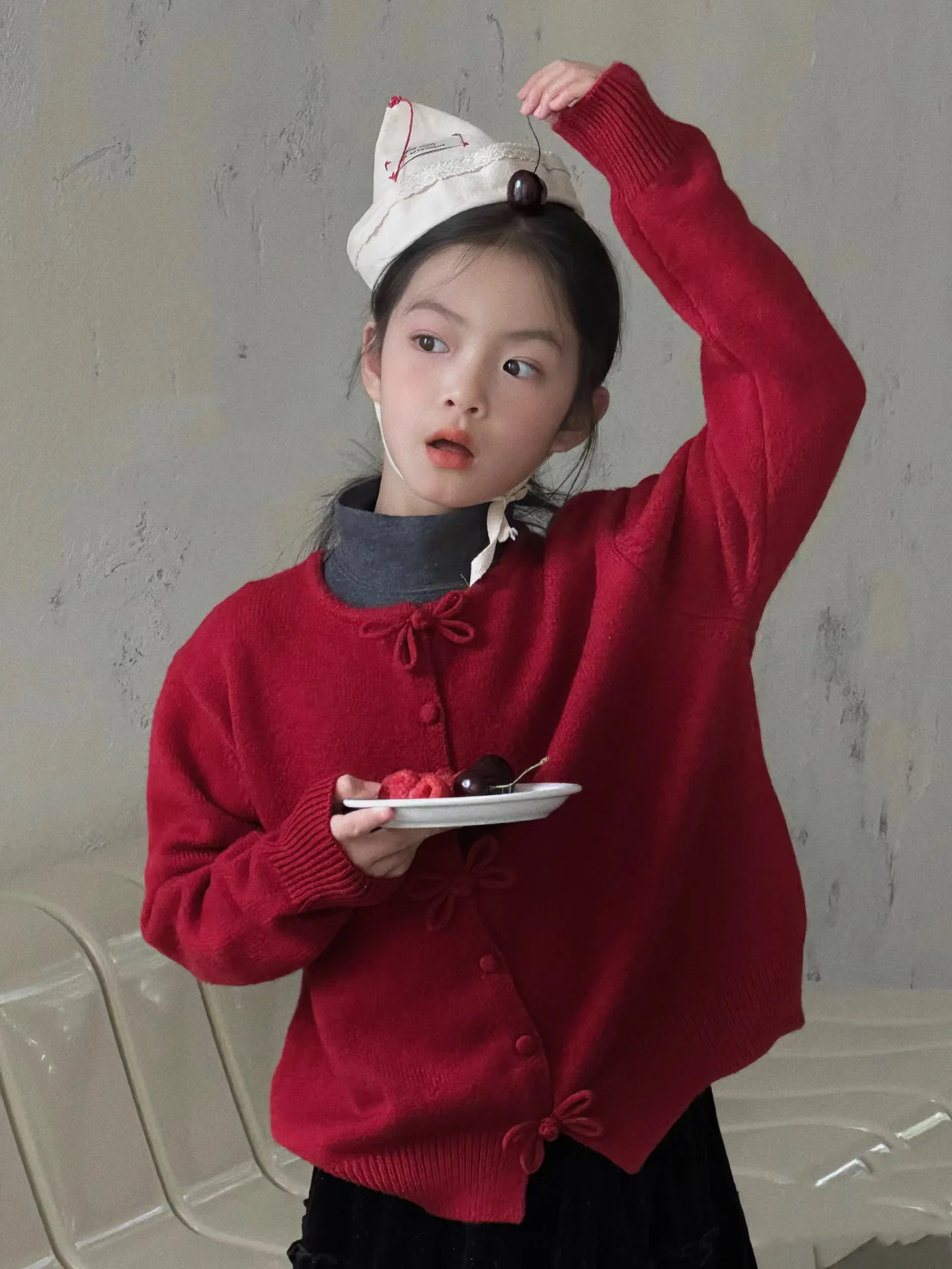 Korean Children's Girls Sweater Cardigan Fall 2024 New Yangqi Fashion Wild Bow Tie Knit