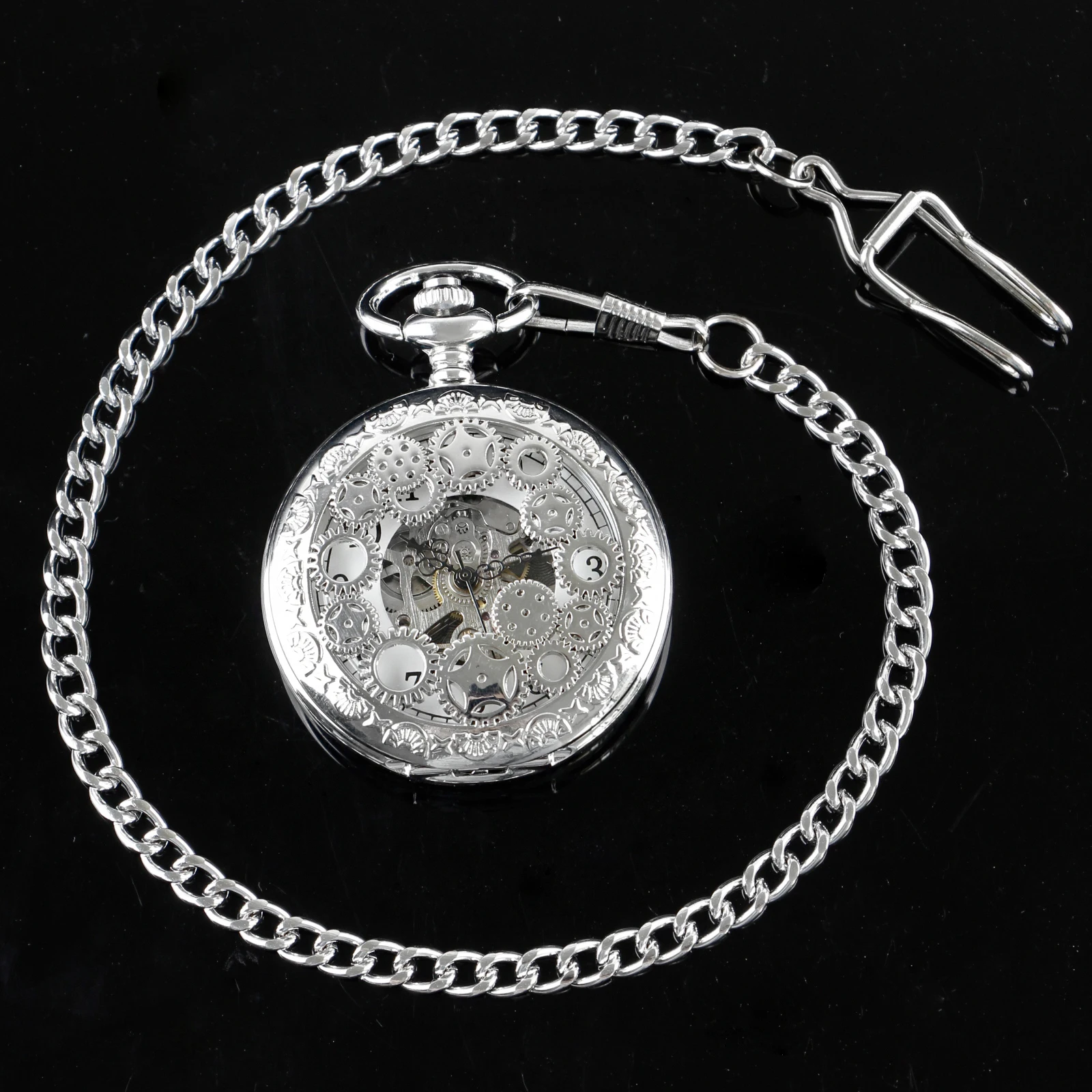 Silver Hollow Gear Mechanical Pocket Watches Vintage 2 Sides Open Case Hand Wind Casual Fashion Pocket&Fob Watches Mens Women