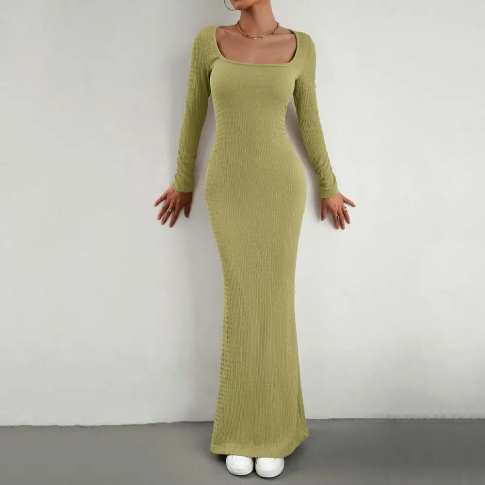 

Женское мягкое платье, элегантное платье-Макси длиной до щиколотки для женщин, мягкое вязаное облегающее эластичное платье с квадратным вырезом для весны