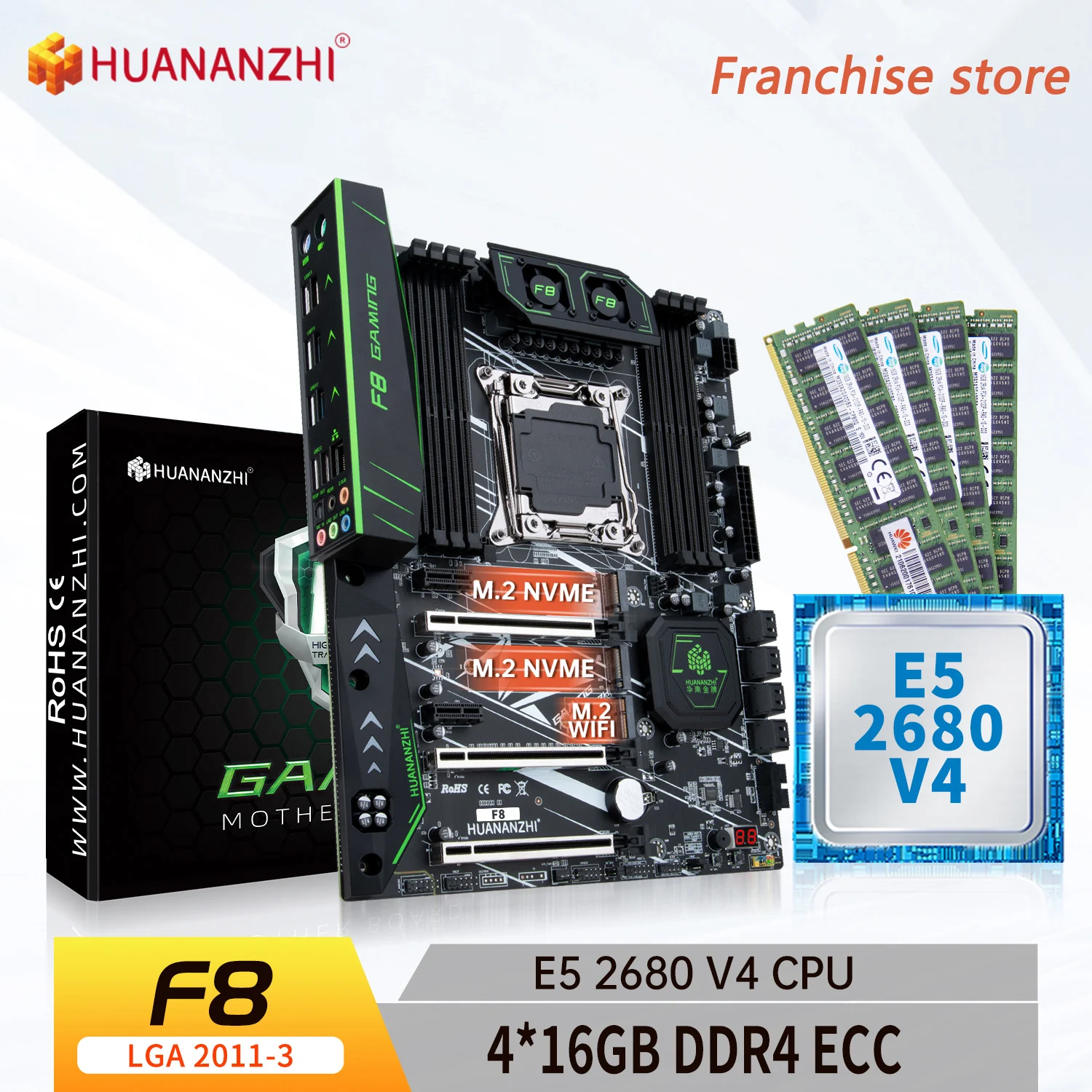 

HUANANZHI-placa base X99 F8 LGA 2011-3 XEON X99, con Intel E5 2680 V4 con 4x16G DDR4, kit combinado de memoria de NON-ECC, NVME