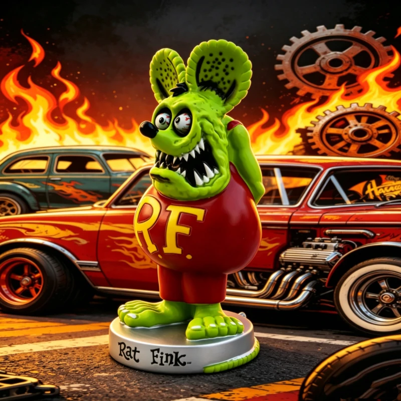 Фото Многоцветная фигурка Rat Fink, культовая фигура в стиле Hot Rod, вдохновленная Эдом Ротом, ретро-украшение для стола/автомобиля, идеальная для коллекции. №1