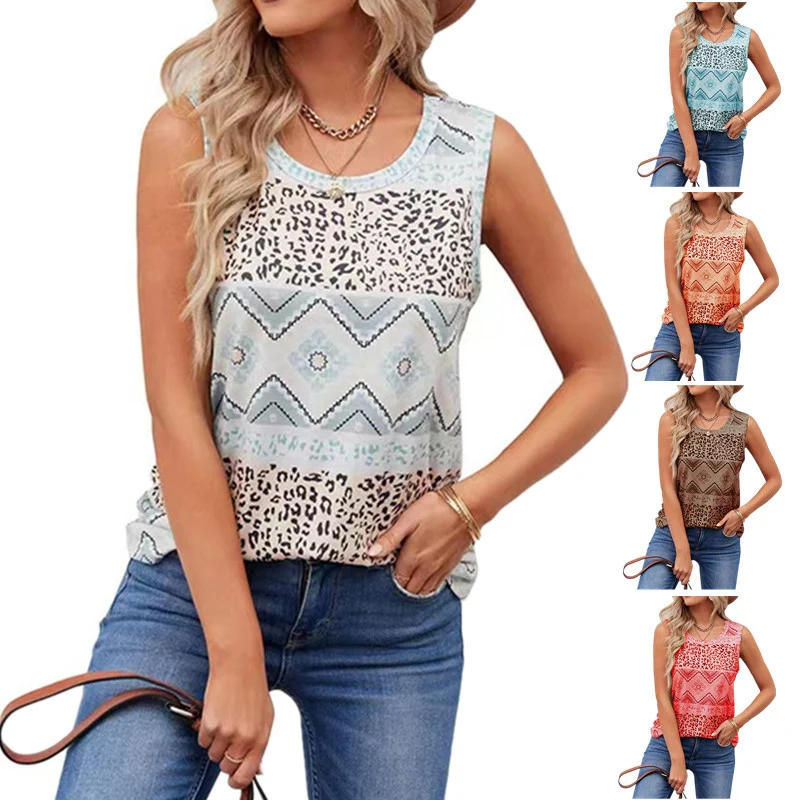 Women Vintage Ethnic Style Tops Sleeveless T-Shirt Camisoles Printed Vest Leopard Print Tank U Neck Loose Elegant Pullover S-3XL