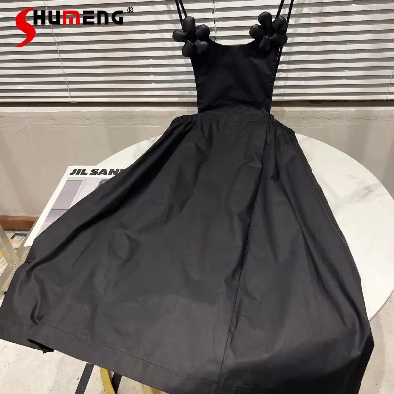 

2022 Spring New Flower Solid Color Hepburn Style Suspender Dress Women's Elegant Strap Mid-length Dress Vestido De Mujer