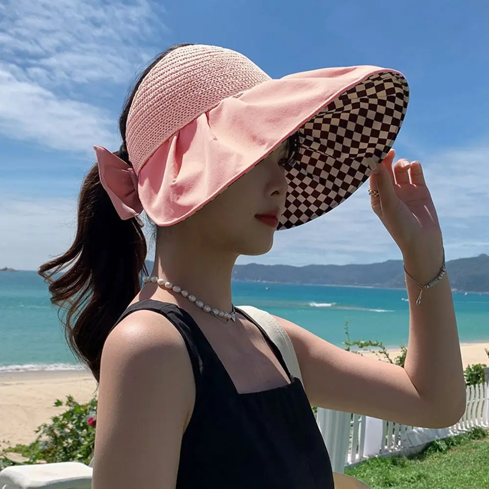 

Foldable Summer Checkerboard Beach Cap Sunscreen Big Brim Hollow Handmade Bowknot Cap Weave Sun Cap Sun Hat Straw Hat